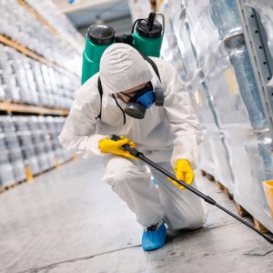 lavoratore che disinfetta e disinfetta un magazzino